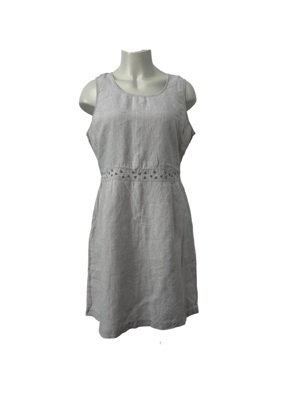 L.L.Bean Sleeveless Linen SheathDress Size 16 Tan Embroidered